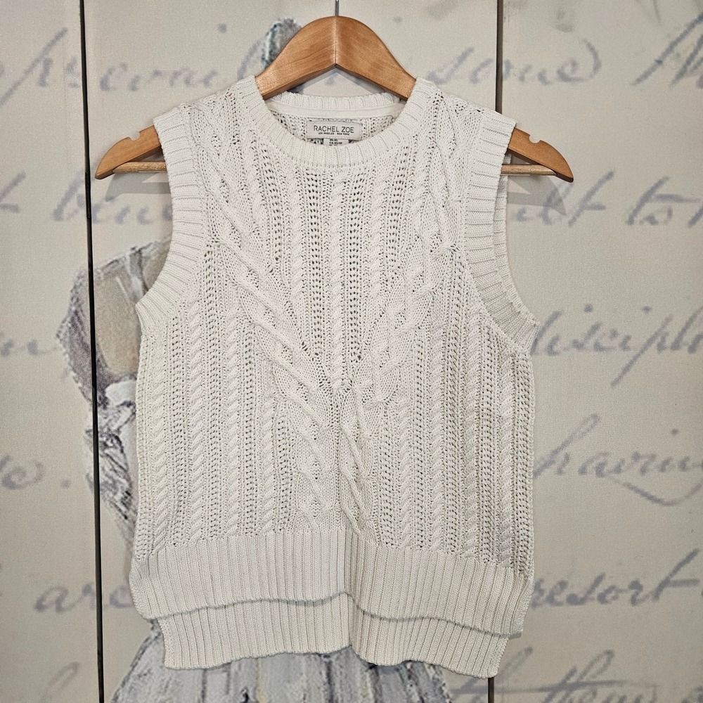 Rachel Zoe Womens White Cable Knit Sweater Vest Crew Neck High Low XS